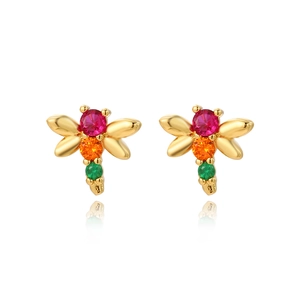 Golden dragonfly stud earrings inlaid with red, orange and green zircon stones