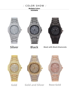 Six luxury iced-out quartz watches with full rhinestone pavé and date window displays