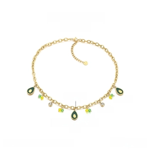 Detailed view of avocado pendant necklace with dimensions on stainless steel chain