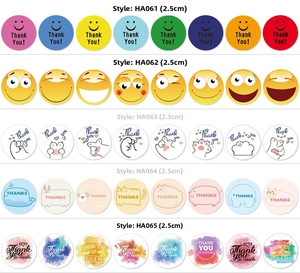 Detail showing various 2.5cm round Thank You stickers with diverse colorful patterns