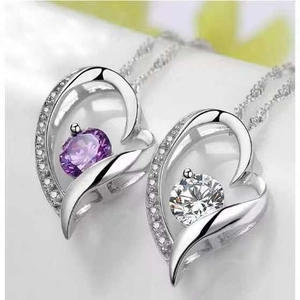 S925 silver heart pendant necklace with purple and white zircon stones on O-chain