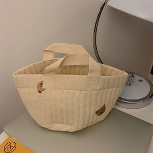 Quilted cream storage bucket bag with cute bear embroidery and thick woven handles