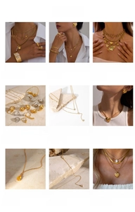 Collage of stainless steel jewelry featuring 18K gold plating and layered necklace designs