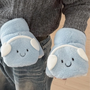 Plush light blue gloves with headphone design and cute smiley embroidery for winter warmth