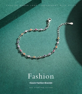 Detail of S925 sterling silver bracelet with multi-colored round cubic zirconia stones