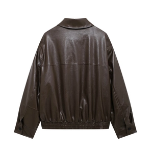 Women's vintage dark brown faux leather bomber jacket with elastic waist and back view