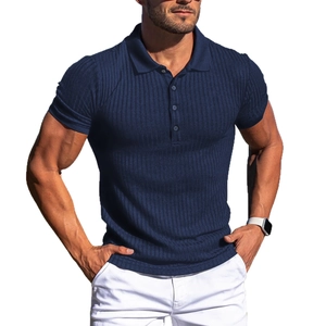 Slim fit men's navy blue ribbed knit short sleeve polo shirt with three-button collar
