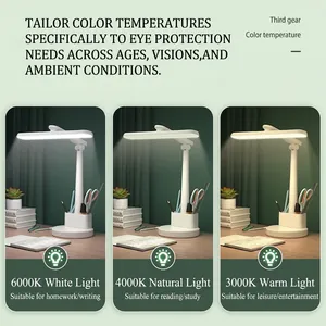 Adjustable LED desk lamp with pen holder showing warm, natural, and white lighting modes