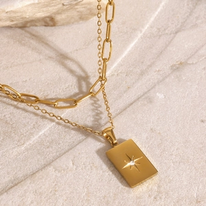 Double layer gold 18k stainless steel necklace with a star engraved square pendant
