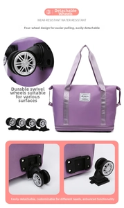 Detail of purple waterproof travel bag with 4 detachable 360-degree swivel wheels