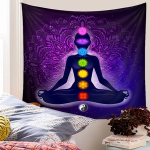 Detailed bedroom scene featuring a purple mandala tapestry with seven chakra symbols and Yin Yang