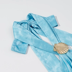 Sexy light blue tie-dye halter top with elegant golden seashell metal buckle detail