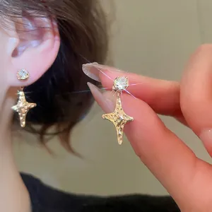 Star Stud Earrings With Zircon Hammered Texture Gold Plated Silver Earring Post Chic Jewelry For Women