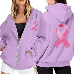 Women's lavender breast cancer awareness zip hoodie featuring pink ribbon and large pockets