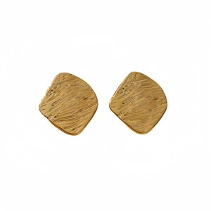 Polished gold square hammered metal stud earrings with elegant crumpled texture surface