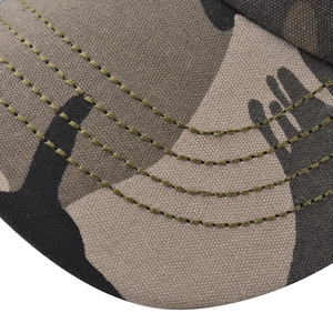 Detail shot of camo baseball cap showing reinforced stitching on the curved brim