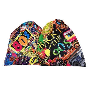 Retro 80s 90s hip hop beanie featuring graffiti prints and vintage cassette patterns