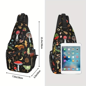 Sac bandoulière avec motifs champignons et papillons de nuit, détails des dimensions