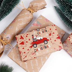 10m vintage kraft Christmas gift wrapping paper with red and white festive holiday patterns