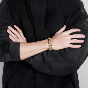 Bracelet hip hop pour hommes en plaqué or 18 carats avec maillons rectangulaires