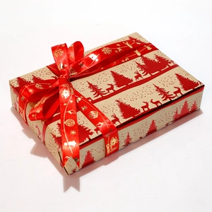 Brown kraft paper Christmas gift box with festive red reindeer prints and satin ribbon