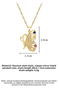 Detailed view of luxury gold butterfly pendant with multi-color zircons on 40cm chain