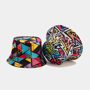 Reversible bucket hat with colorful graffiti and geometric patterns for men and women