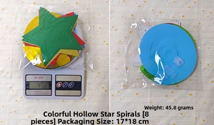Weight and packaging details for 8-pack colored hollow star spiral party decorations