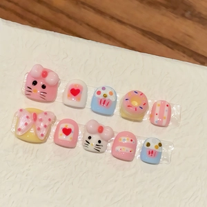Handmade 3D cartoon cat press-on nails for kids with cute pink bows and heart relief