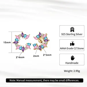 S925 sterling silver hoop earrings with multi-colored AAA zircons in a floral design