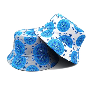 Summer street style fisherman hats with evil eye mandala print in blue and white