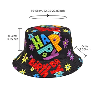 Black canvas bucket hat with colorful Happy Birthday lettering and star patterns