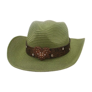 Green western style woven straw sun hat with leather band and heart metal buckle