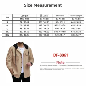 Detailed size chart for men's hooded jacket showing measurements in centimeters and inches