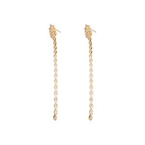 Elegant gold oval chain tassel earrings with zircon inlays on a clean white background