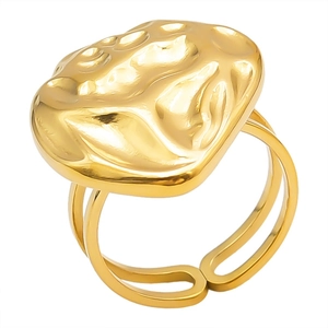 Adjustable golden stainless steel open ring with artistic lava texture and double band