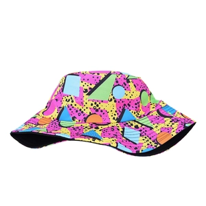 Detail of colorful geometric abstract print on a breathable canvas bucket sun hat