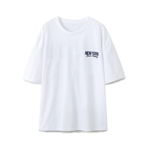 Women Cotton Blend T-Shirt Loose Short Sleeve Crew Neck Retro Manhattan Letter Print Streetwear Casual White Top