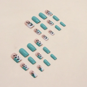 Summer lake blue press-on nails set with elegant hand-painted black leaf patterns