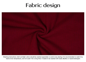 Detail shot of red ribbed fabric texture with washing instructions for Y2K long sleeve top