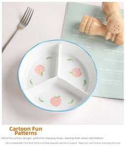 Assiette divisée en céramique à trois compartiments avec motif pêche et bord bleu