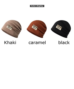 Detailed view of knitted beanies in Khaki, Caramel, and Black with leopard patches