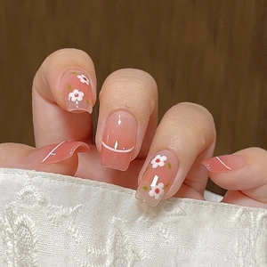 Press On Nails Pink Peach Gradient White Flower Design Sweet INS Style Artificial False Fake Nail Tips With Glue