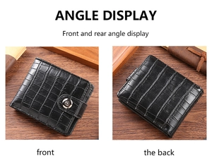 Front and back view of a black crocodile pattern men's leather wallet on wood background
