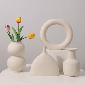 Nordic Minimalist Ceramic Vase Unglazed Matte Geometric Hollow Modern Art Flower Pot Candle Holder Desktop Decor Ornament
