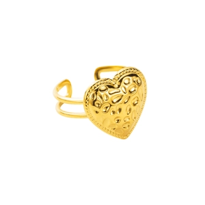 Macro shot of gold heart ring featuring unique hammered texture and adjustable open band