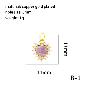 Detail view of pink heart pendant with clear zircons including 13x11mm size specs