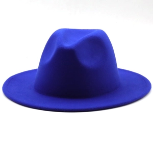 Close-up of royal blue wool fedora hat with wide brim showing felt texture and structure