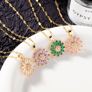 Daisy flower pendant necklace with colorful cubic zirconia in gold plating finish
