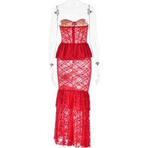 Back view of a red lace fishtail dress with sheer fabric and ruffled waist details